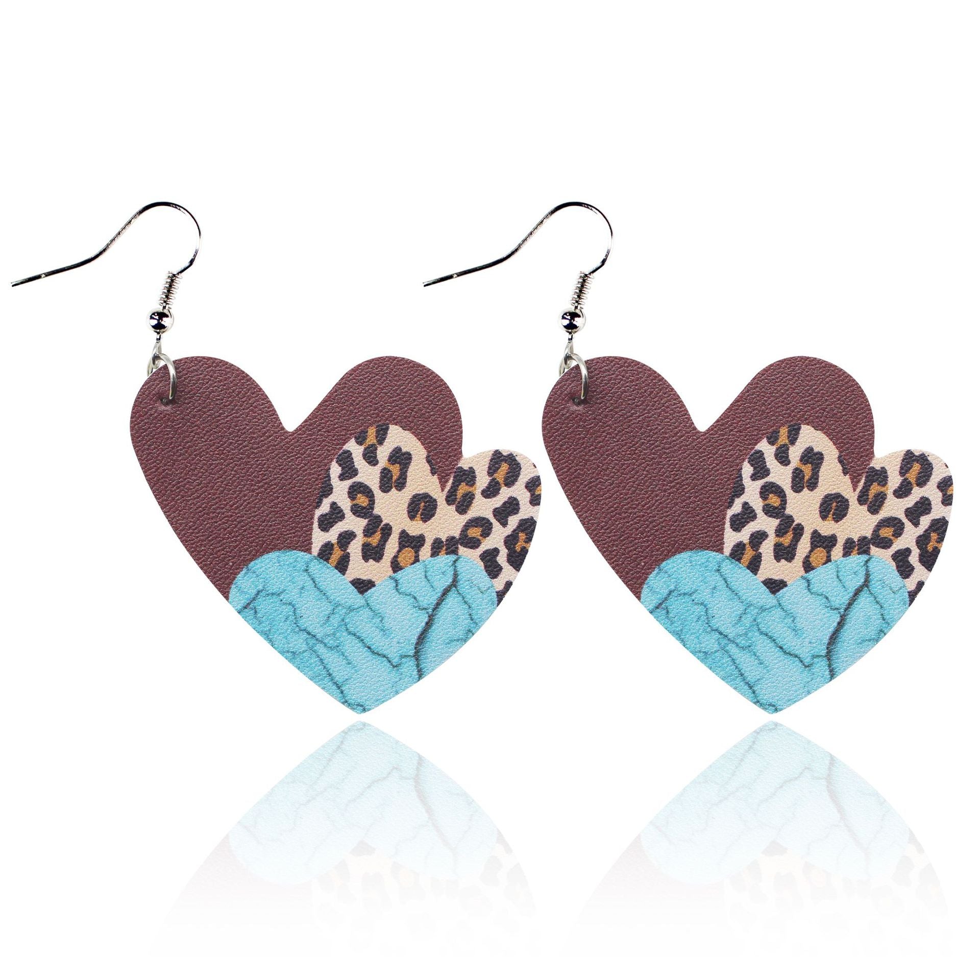 Wholesale Valentine's Day Red and Black Plaid Stripe Tie Dyed Leopard Heart Double Sided Leather Earrings