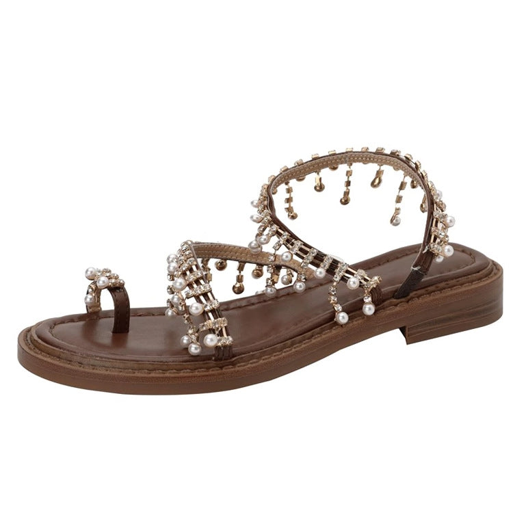 Wholesale Bohemian Rhinestone Thong Flat Roman Sandals