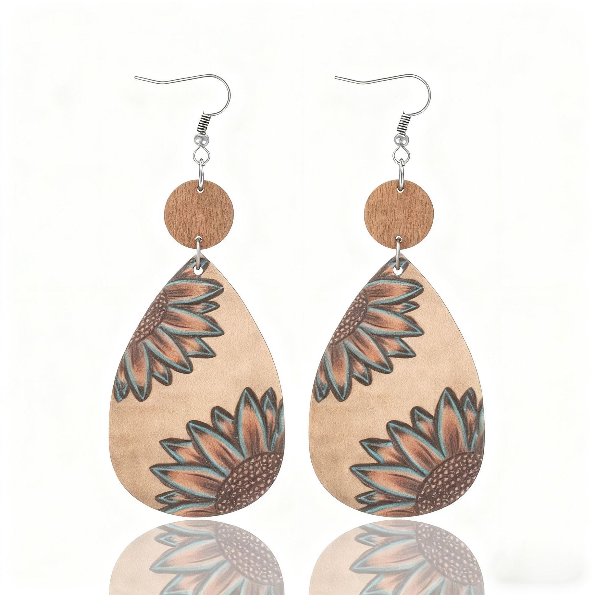 Wholesale Lightweight Retro Wooden Sunflower Cow Print Earrings Trendy Western Farm Style Jewelry Accessory Gift