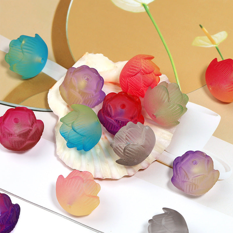 Wholesale 50pcs Acrylic Stereo Lotus Beads Frosted Two-Color Golden Lotus Vertical Hole Beads