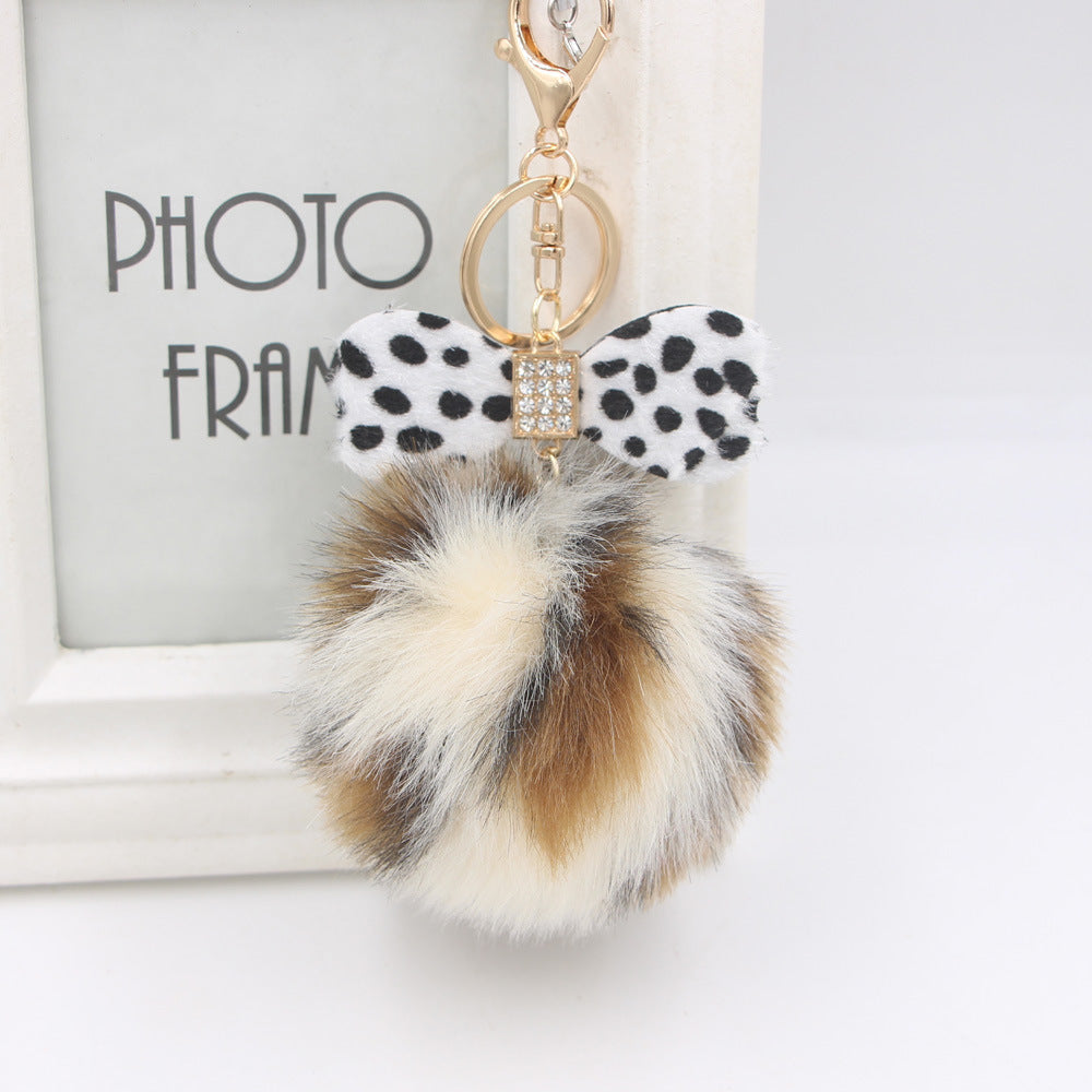 Wholesale Chic Leopard Print Bow Pom Pom Leather Keychain Car Key Accessory Gift