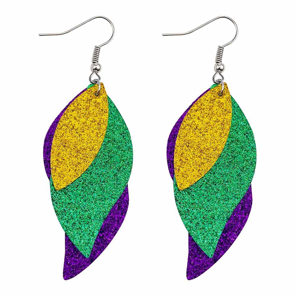 Wholesale Carnival Triple Leather Shiny Leaf Shape Bohemian Carnival Earrings