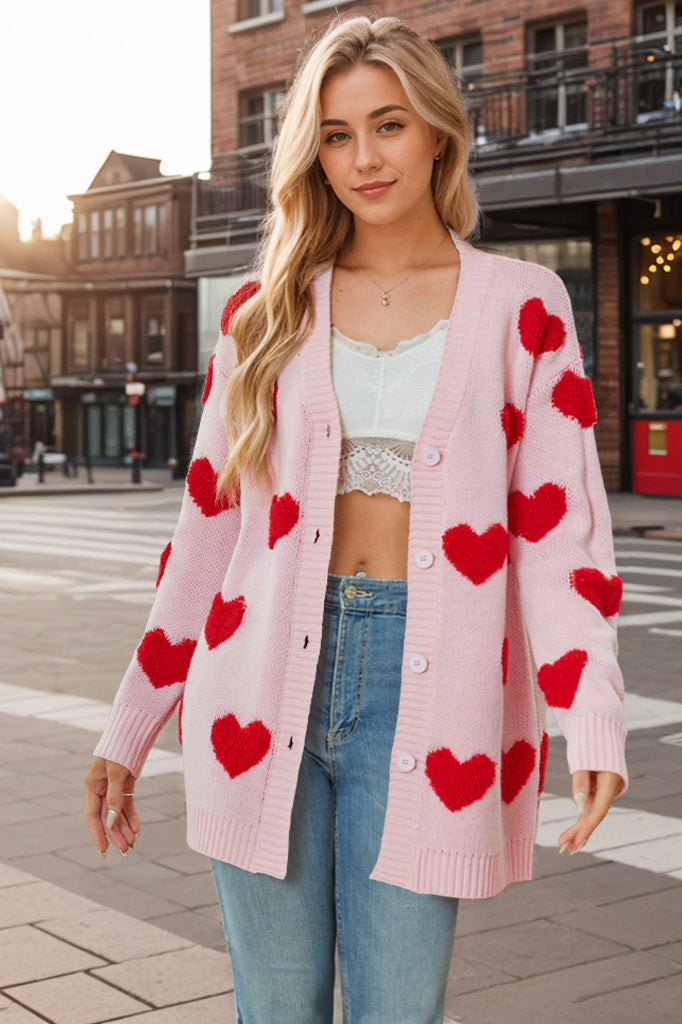 Wholesale Valentine's Day Heart Knitted Cardigan V-neck Button Midi-length Coat