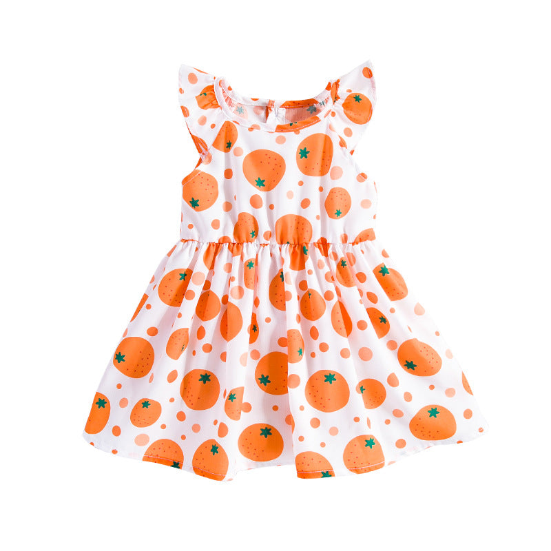 Wholesale Trendy Baby Girl Orange Fruit Print Summer Dress For Toddlers Polyester Party And Everyday Wear