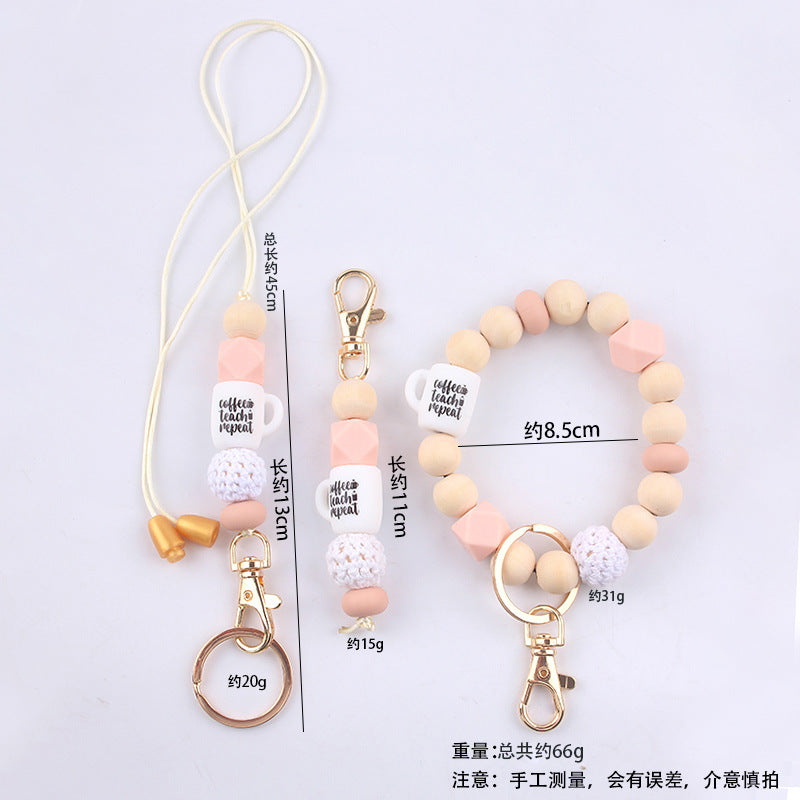 Wholesale Wooden Bead Wrist Pendant DIY Beaded Keychain Ring