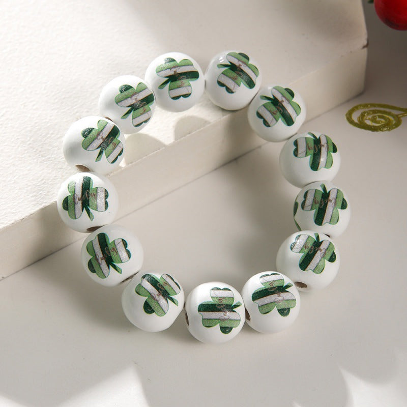 Wholesale St. Patrick's Day Wooden Beads Bracelet on White Background