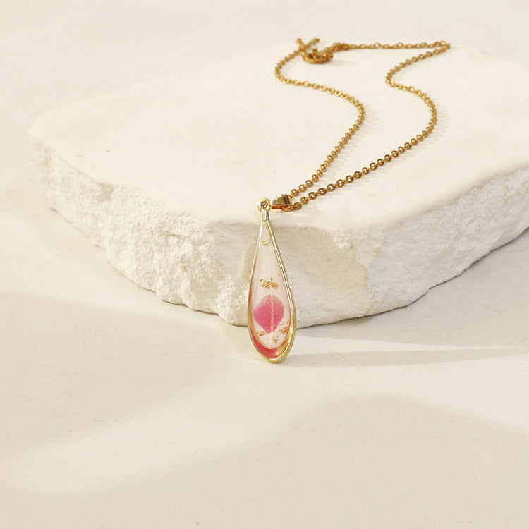 Wholesale 6pcs Resin Colored Dried Flower Pendant Water Drop Necklace