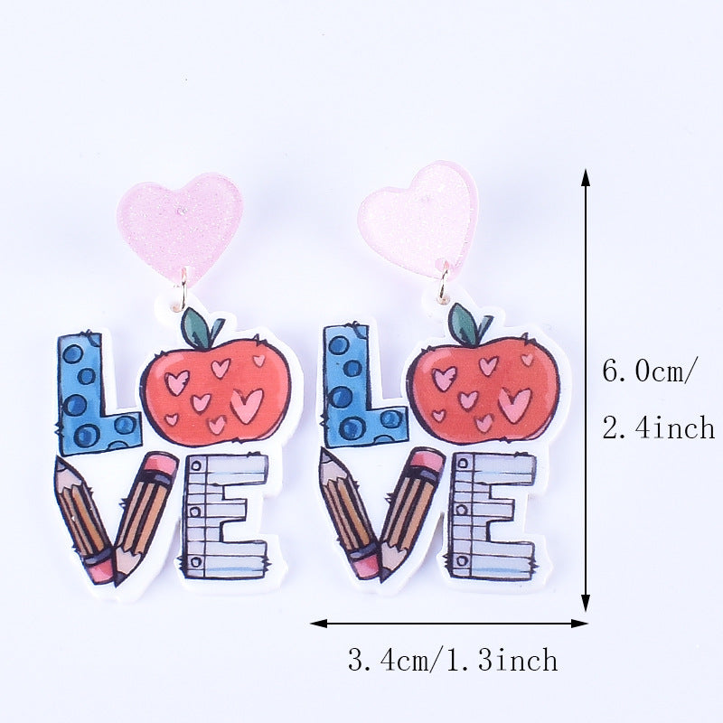 Wholesale Teacher's Day Back To School Season Pencil Rainbow Book Bag Book Red Apple Acrylic Earrings