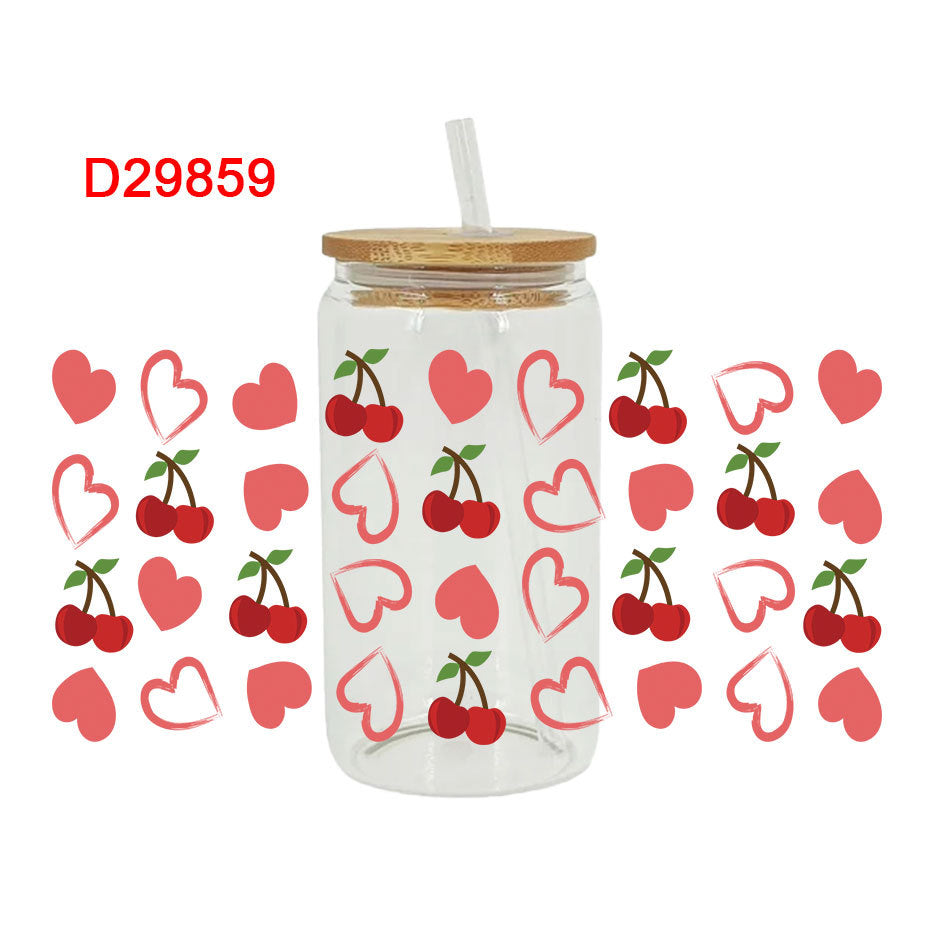 Wholesale Pink Cherry Heart 16oz Cup UV DTF Wraps