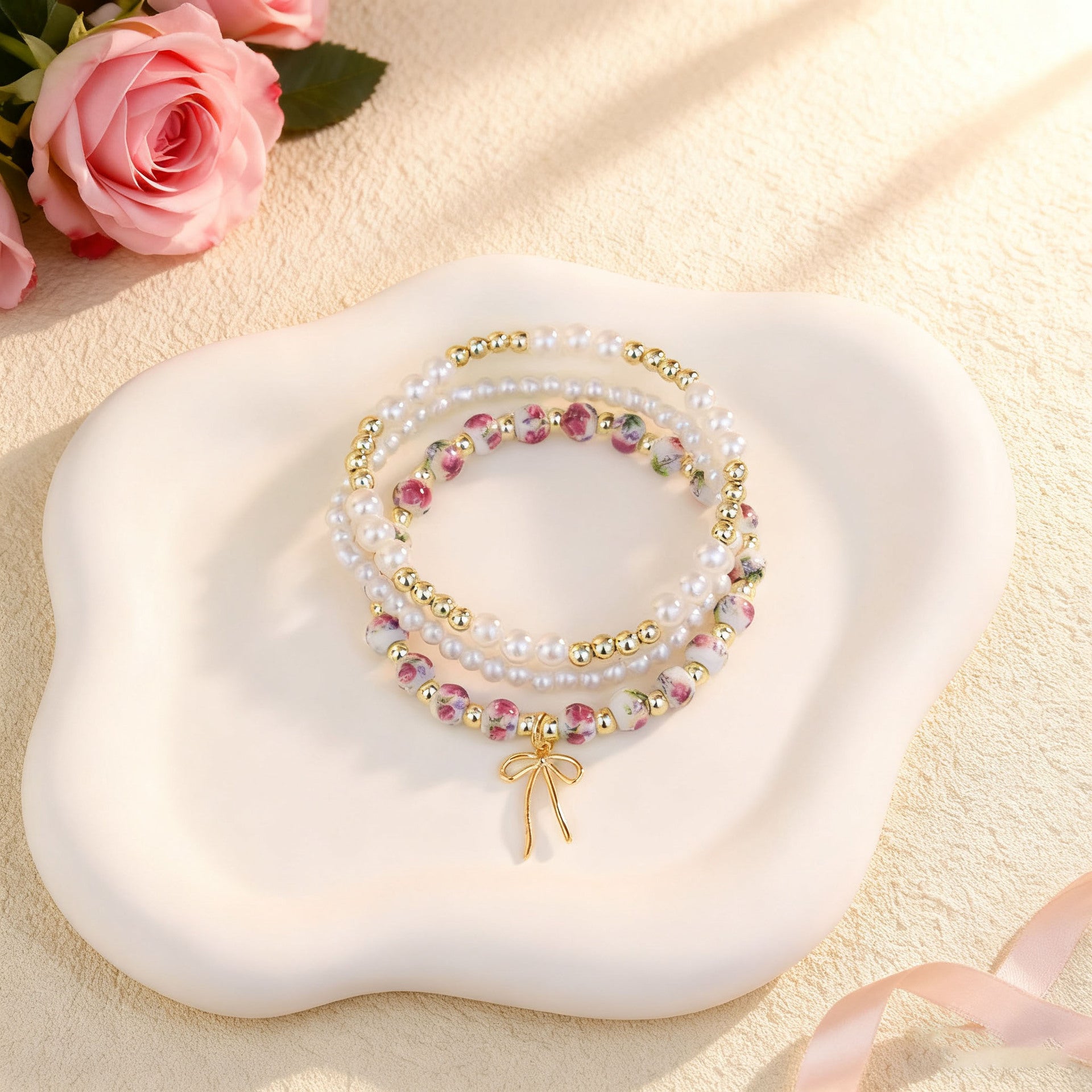 Wholesale Bohemian Blue and White Porcelain Bow Layered Bracelet Set