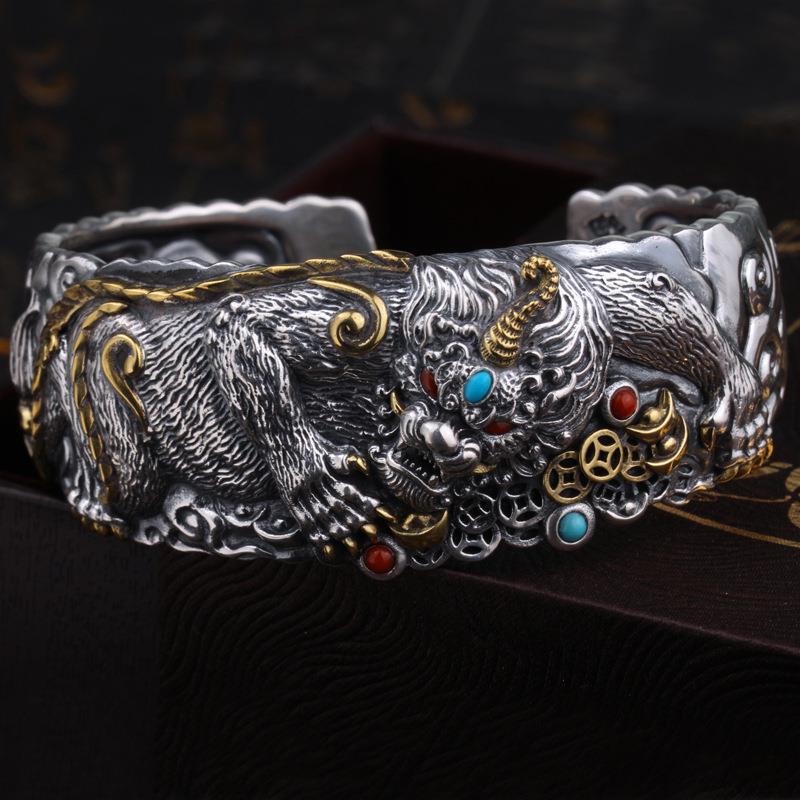 Wholesale Pixiu Wide Version Hand-Carved Rich Opening Metal Bracelet