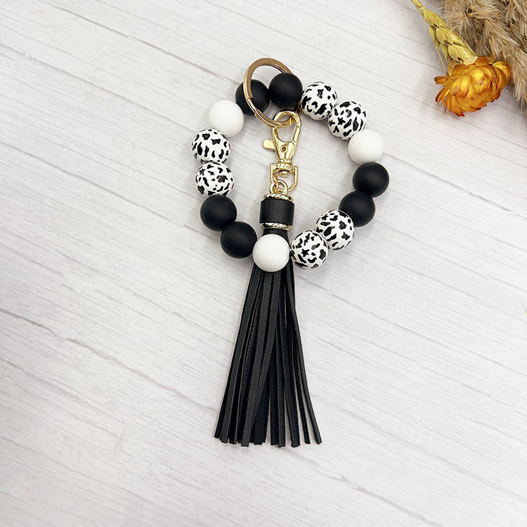 Wholesale Western Style Cow Grain Wood Beads Silicone Handmade Keychain Bag Key Accessories