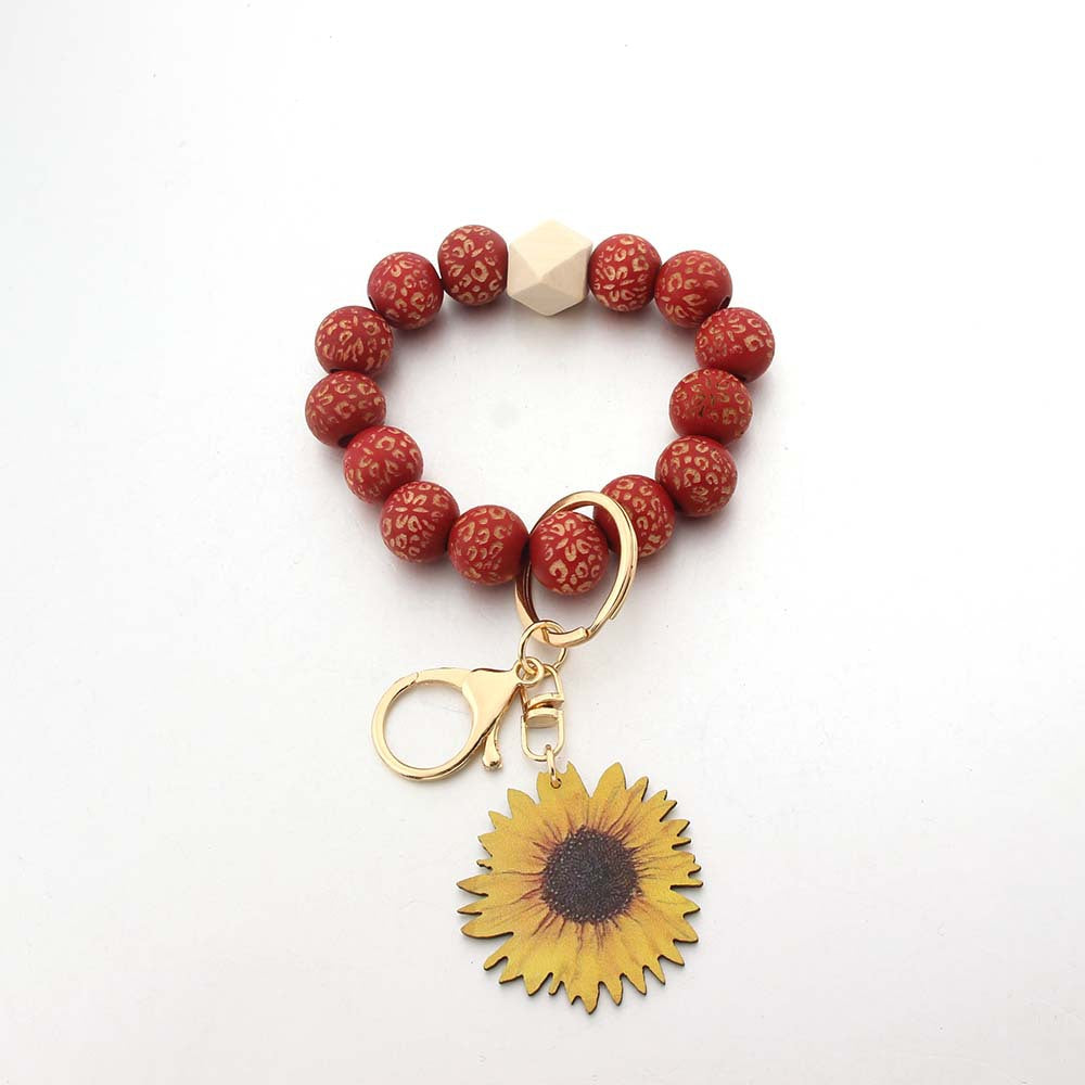 Wholesale Printed Solid Wood Bead Sunflower Wrist Keychain