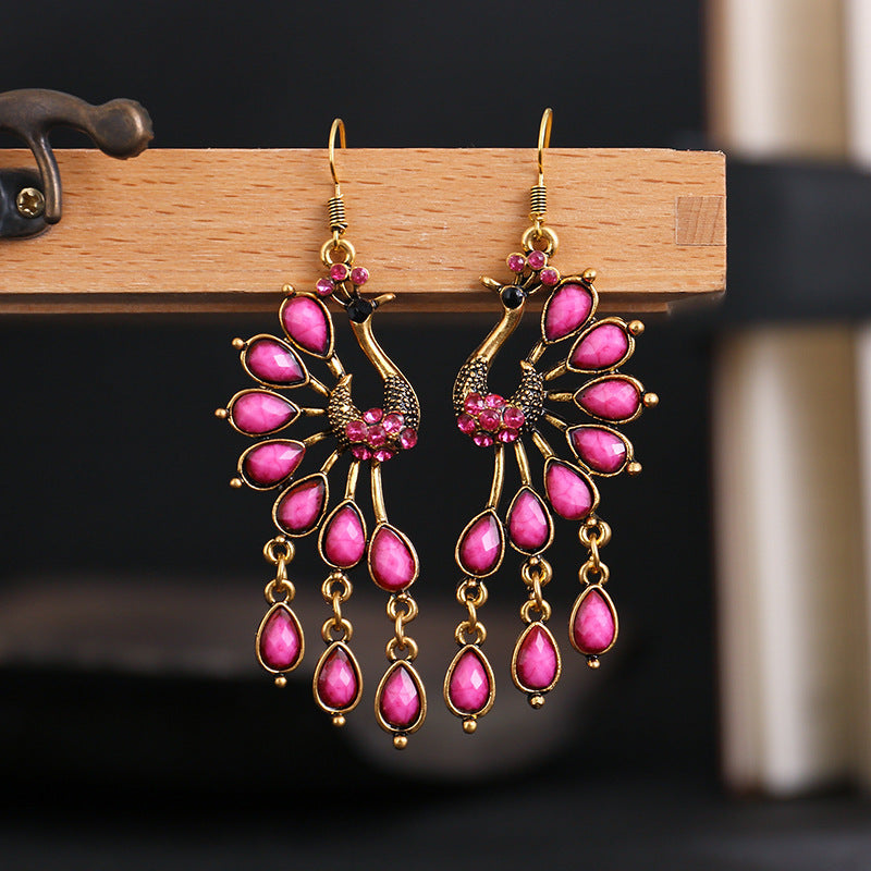 Wholesale Creative Retro Ethnic Style Fashion Bohemian Colored Resin Gemstone Peacock Earrings