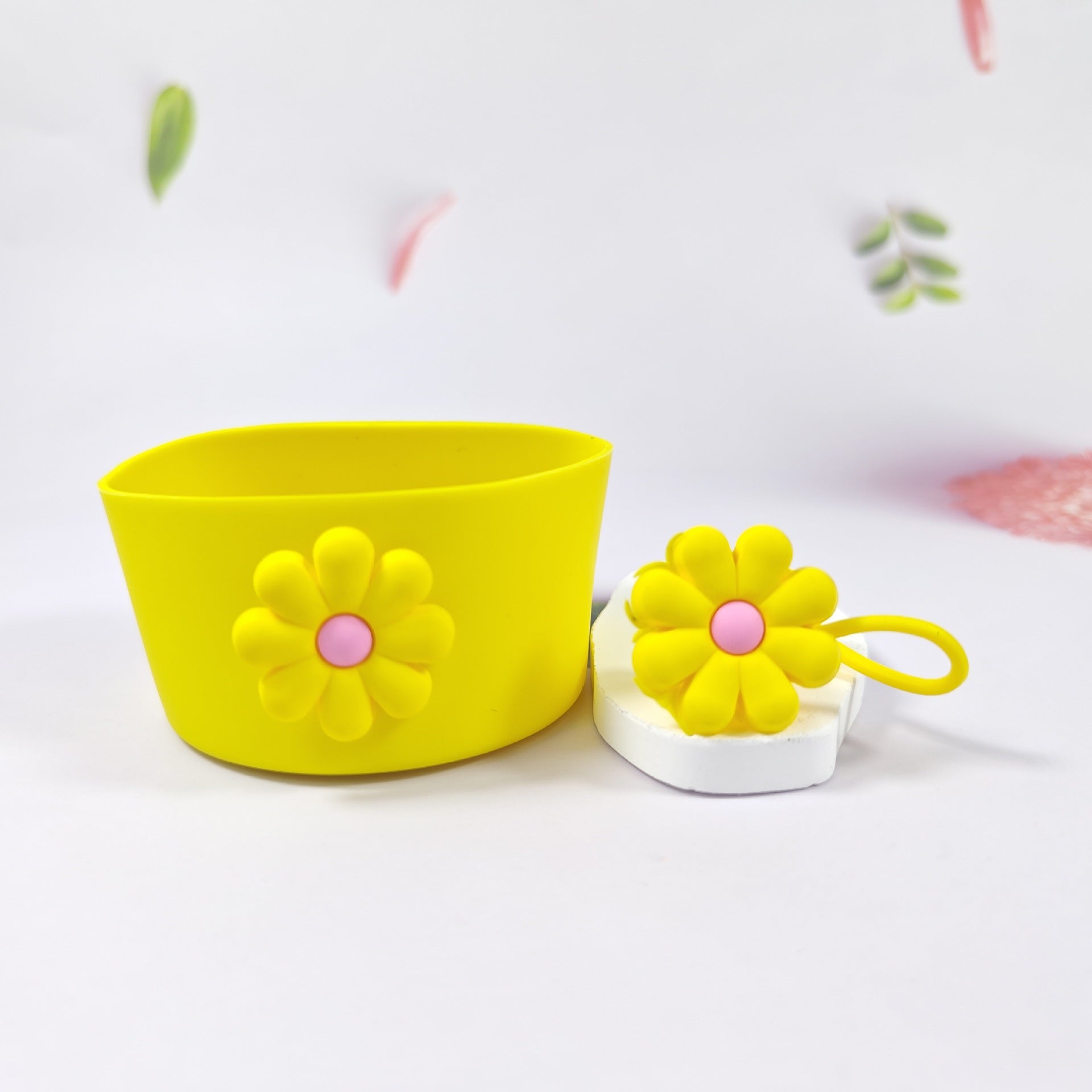 Wholesale Selling silicone insulated cup sleeves flower-decorated cup holders straw caps