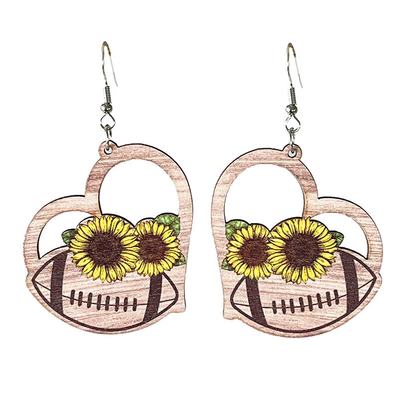 Wholesale 2pairs/pack Sports Balls Wooden Flower Hollow Love Sunflower Earrings