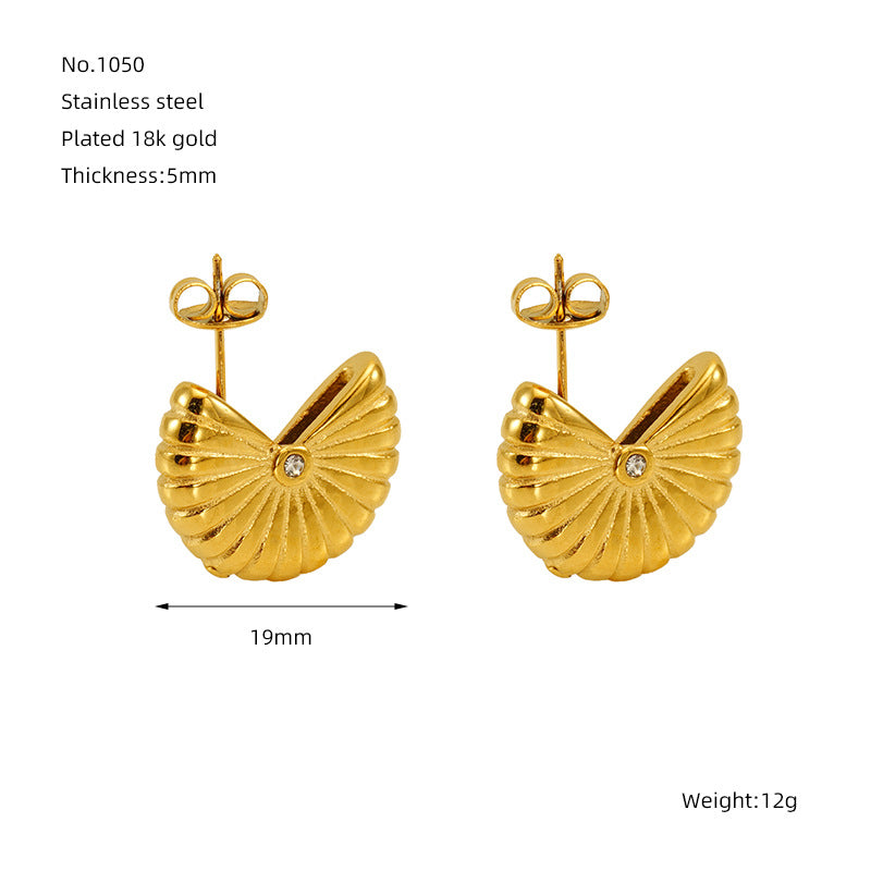 Wholesale Fan-shaped threaded titanium steel earrings for women, geometric vertical stripes earrings