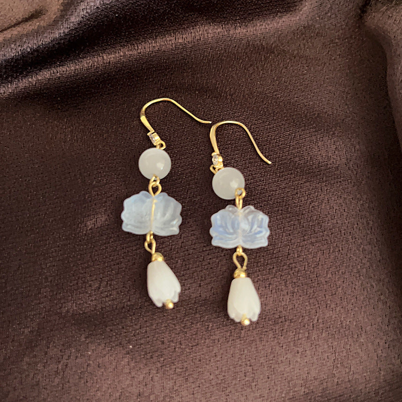 Wholesale New Chinese Style Lotus Fan Butterfly Pearl Tassel Temperament Fashion Niche High-end Earrings