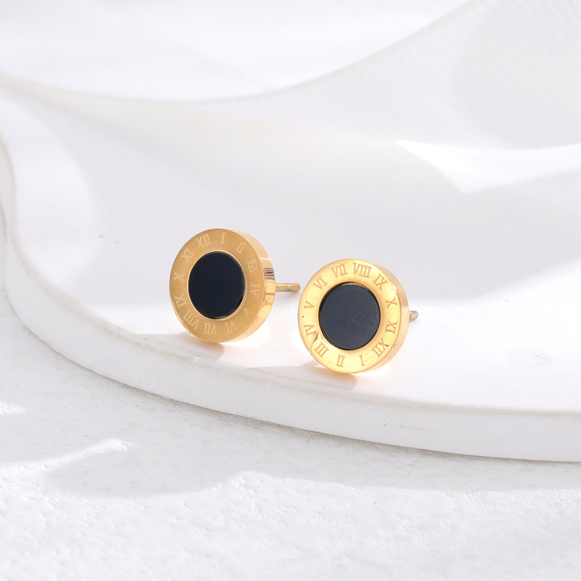 Wholesale Golden Titanium Steel Double  Sided Roman Numeral Circle Necklace Earrings