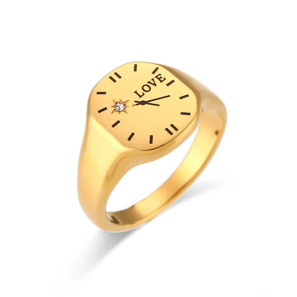 Wholesale Fashion Stainless Steel Plated 18K Gold LOVE Zircon Clock Ring