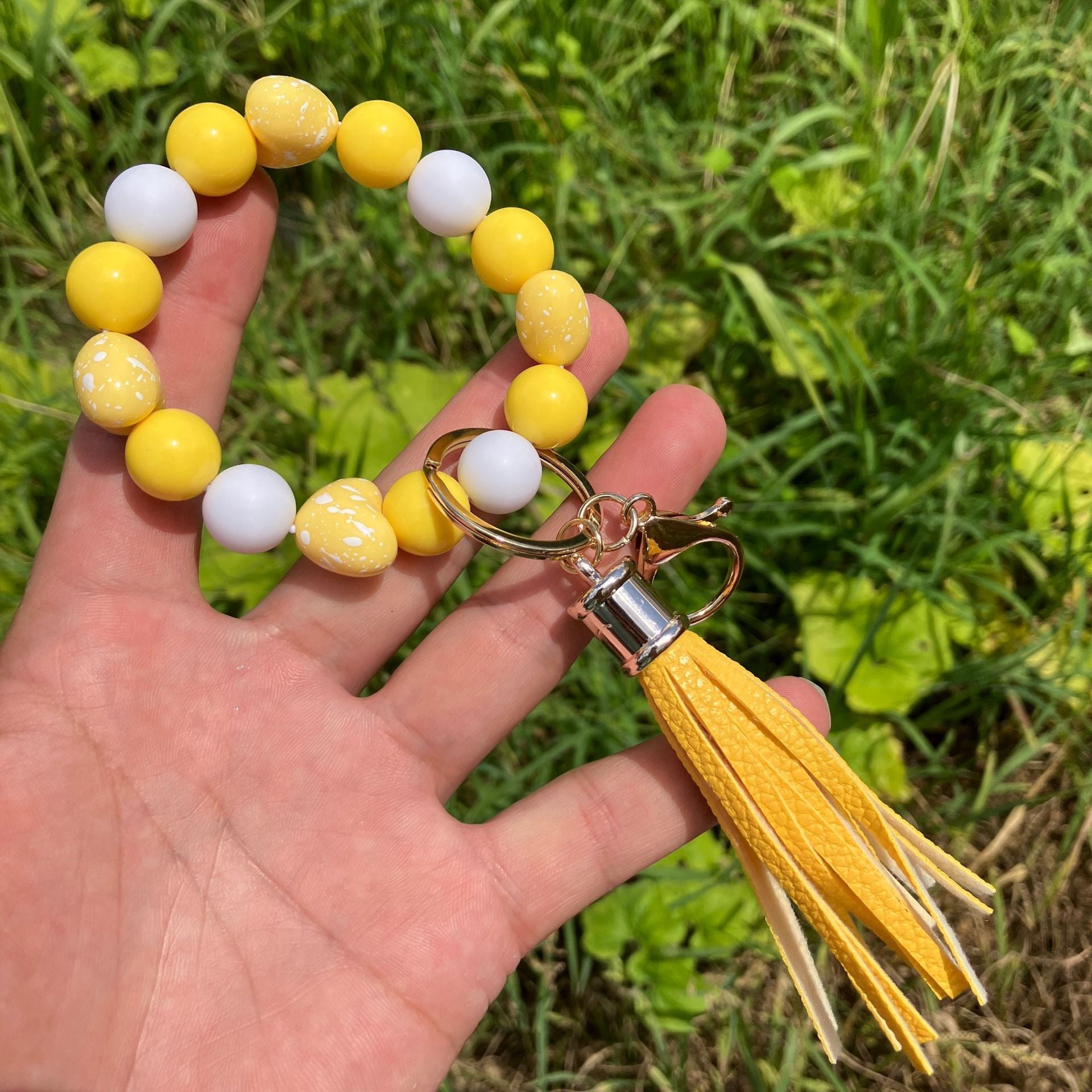 Wholesale Colorful Beaded Heart Printed Tassel Bracelet Keychain