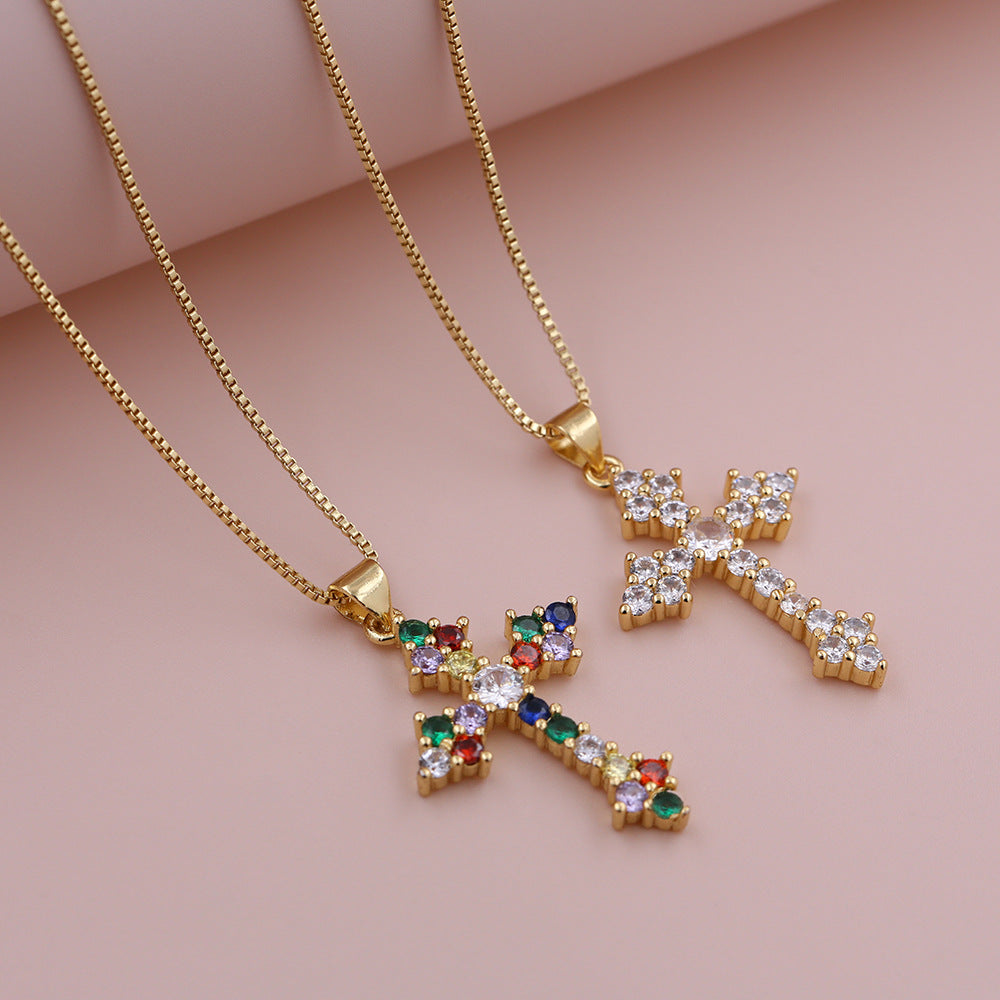 Wholesale Bohemian style colorful micro dense zircon cross pendant necklace