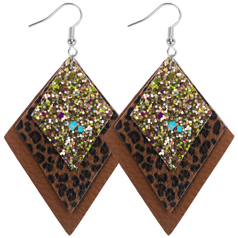 Wholesale 2pairs/pack Multi-layer Sequin Superimposed Leopard Print Leather Earrings