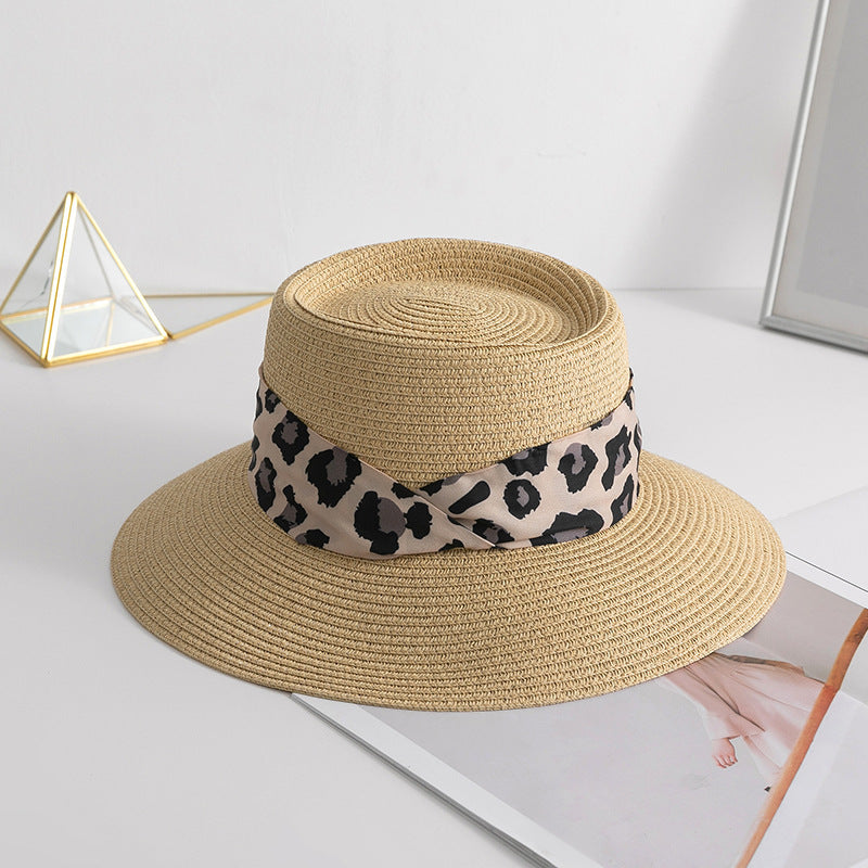 Sombrero de paja de bufanda de seda de leopardo de verano al por mayor