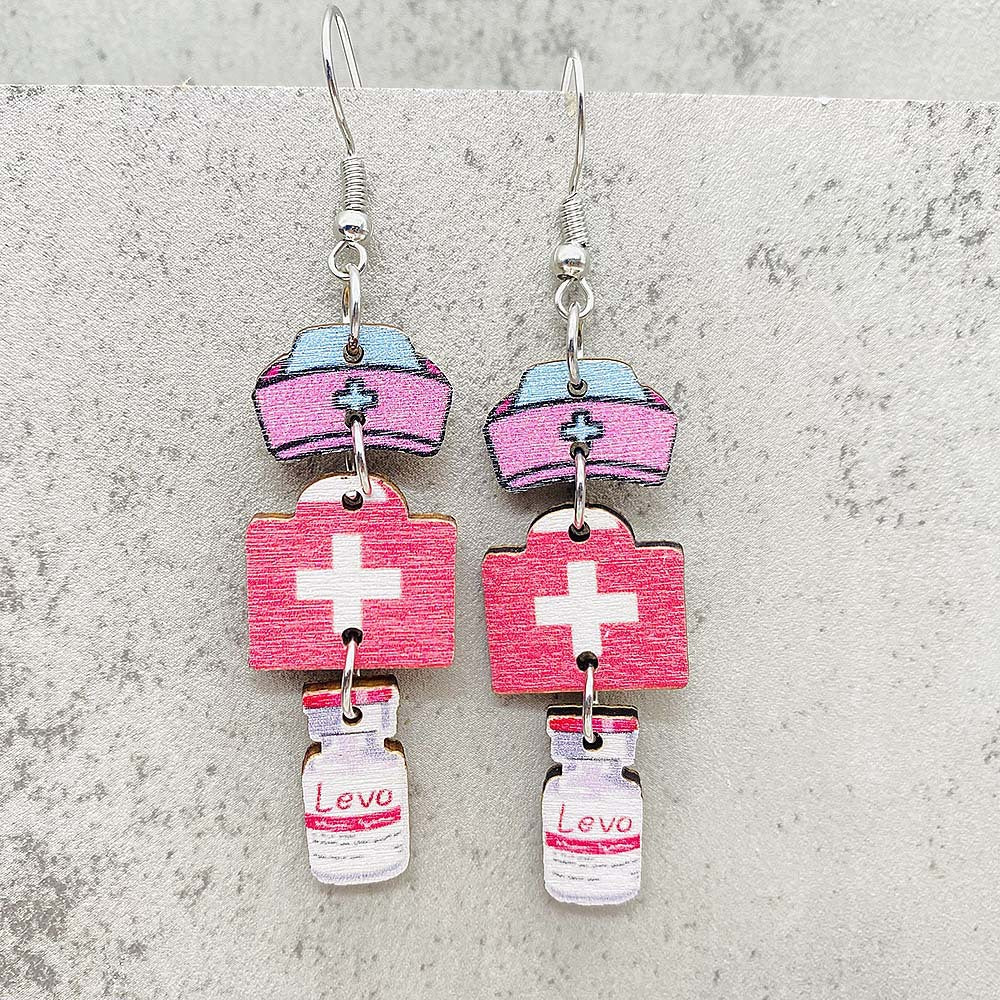 Wholesale Nurse Day Earrings Nurse Uniform Stethoscope Love Pill Wooden Earrings