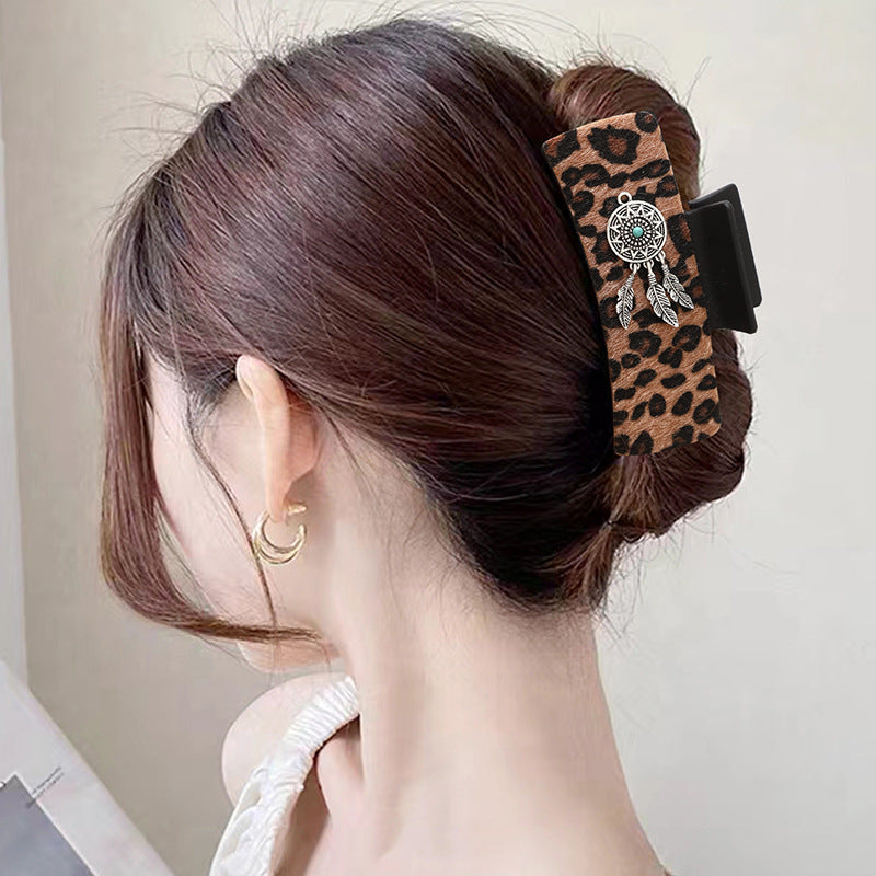 Wholesale Artificial Leather Retro Western Style Hair Claw With Turquoise Leopard Print Chic Boutique Accessory For Resale