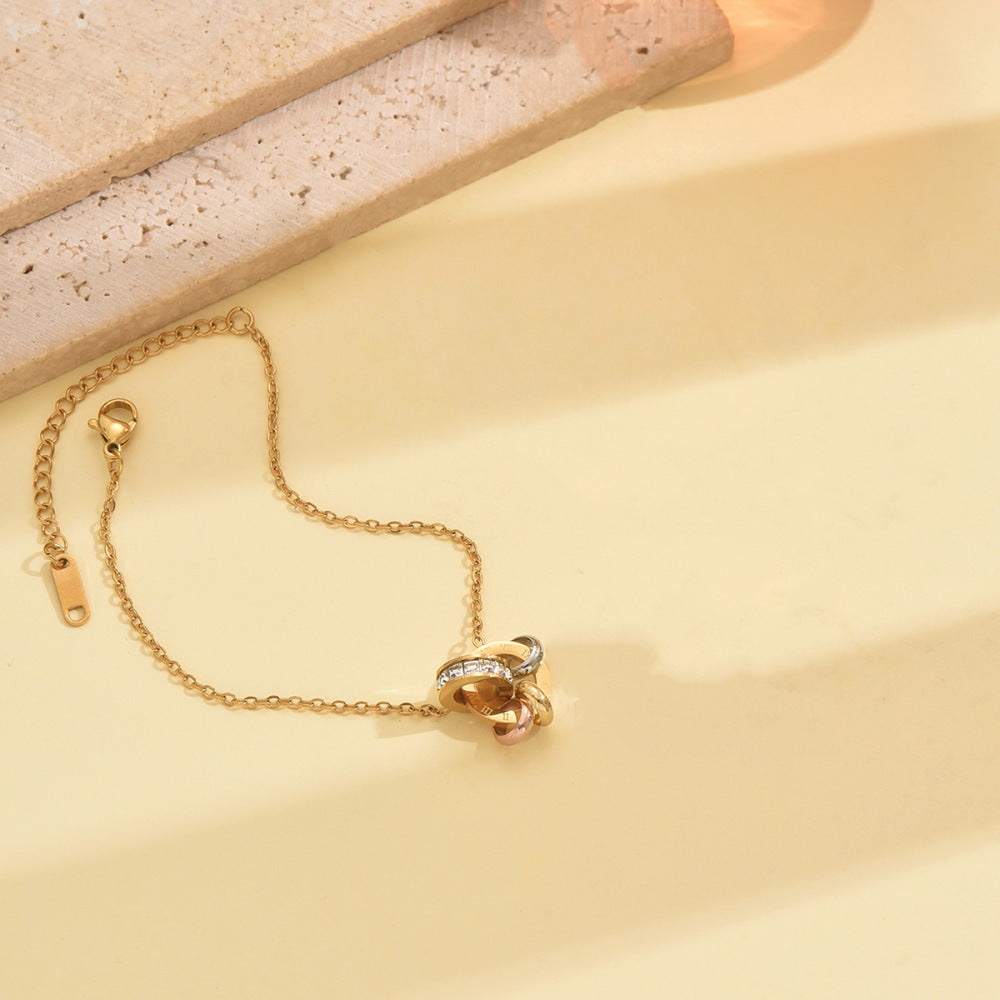Wholesale Stainless steel gold double ring linked artificial zircon necklace  bracelet  and earrings