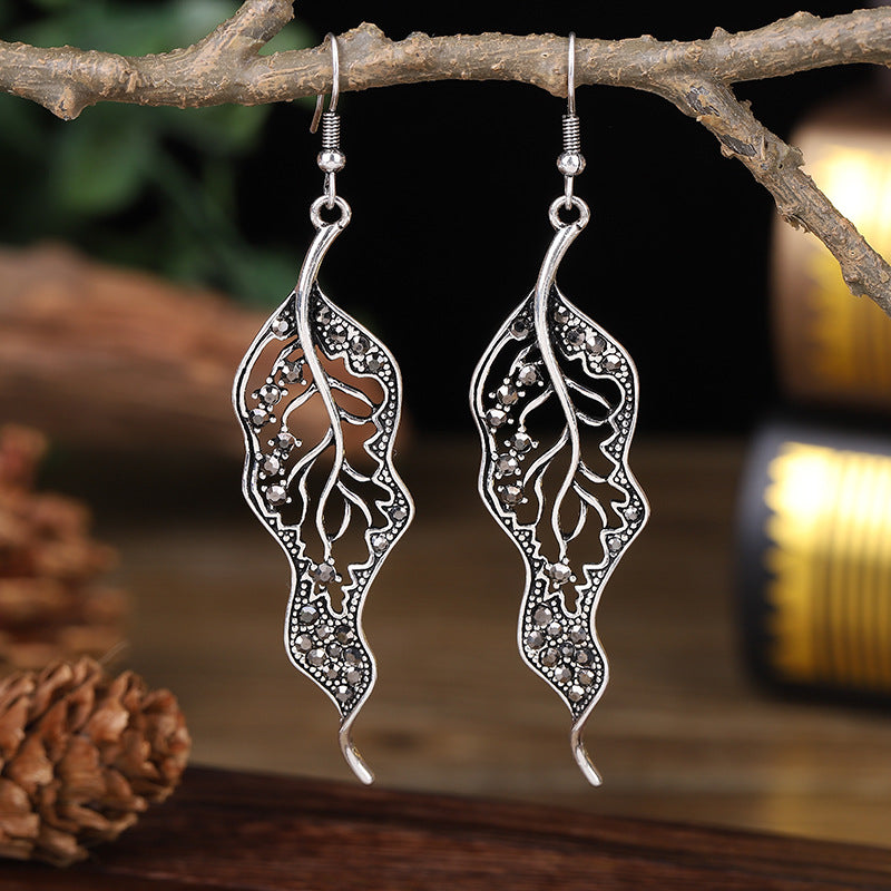 Wholesale Personalized Long Leaf Simple Inlaid AB Color Diamond Earrings