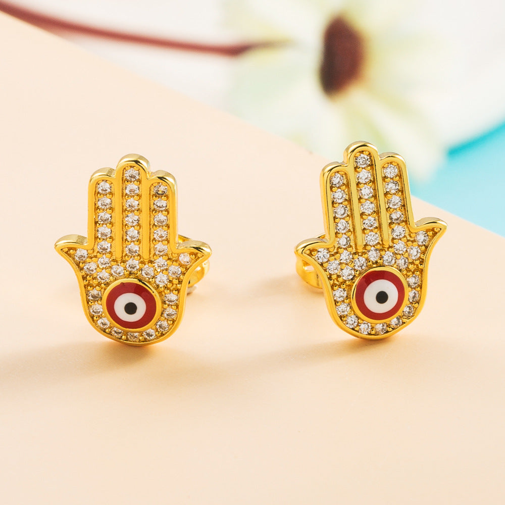 Wholesale Colored Zircon Fatima Hand Palm Demon Eye Earrings