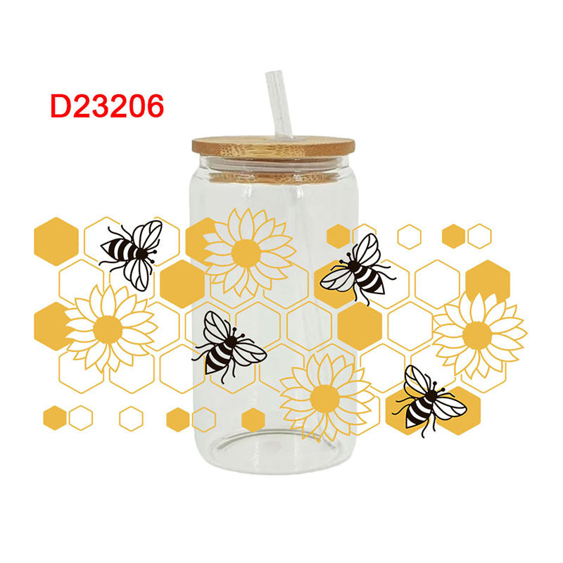 Wholesale Cartoon Cute Yellow Bee Butterfly Flower Theme 16oz Cup UV DTF Wraps
