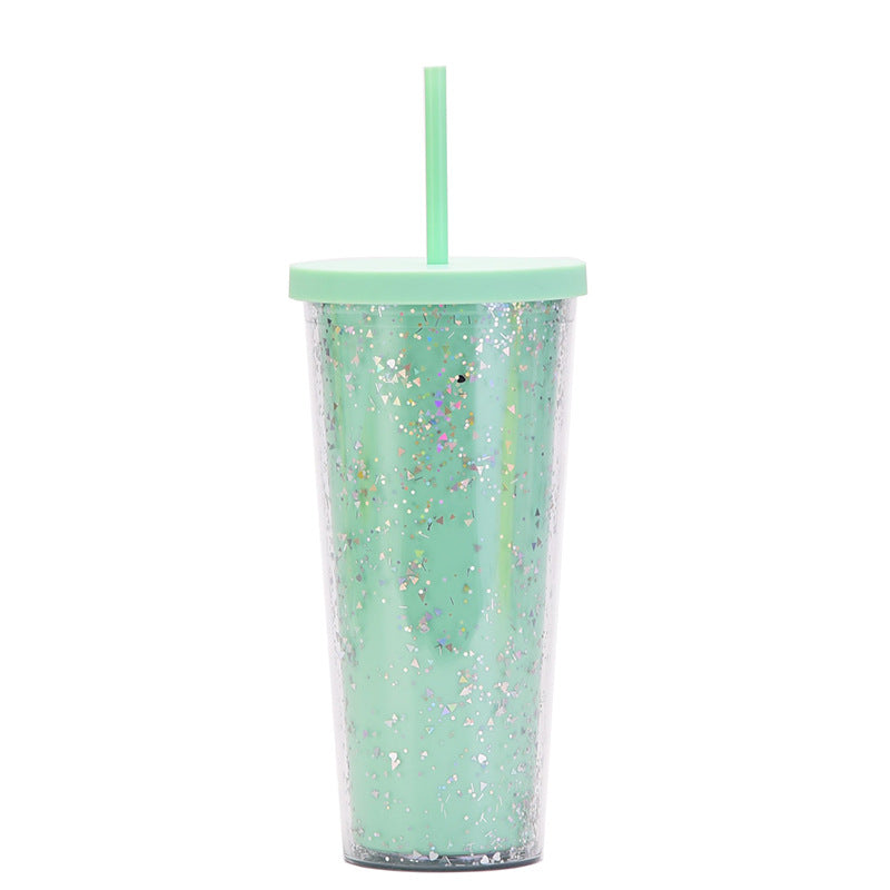 Wholesale  24OZ Double Layer Plastic Cup Sequins Glitter Creative Water Cup with Straw