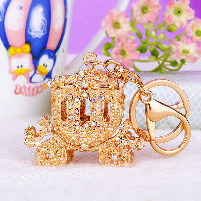Wholesale Metal Rhinestone Pumpkin Carriage Keychain Bag Charm Pink Car Key Accessory Decorative Gift