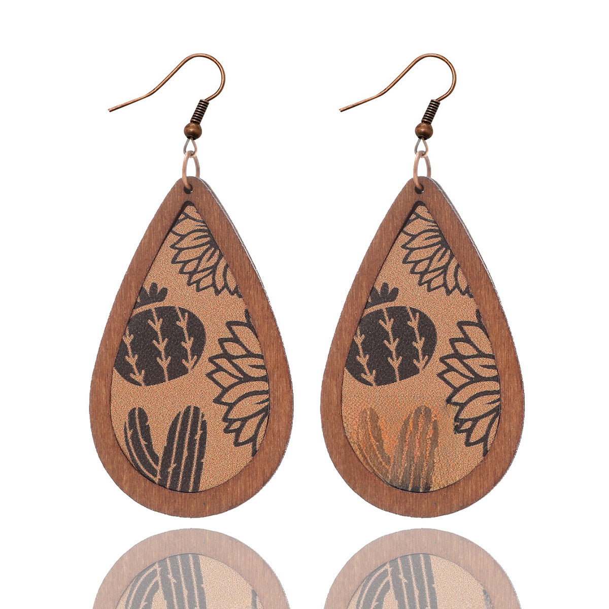Wholesale Western farm style cowboy cactus bull head retro totem pattern leather wood earrings
