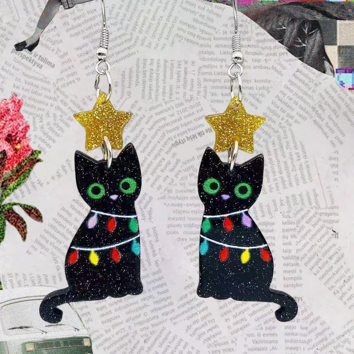 Wholesale Christmas Tree Lights Black Cat Bat Acrylic Earrings