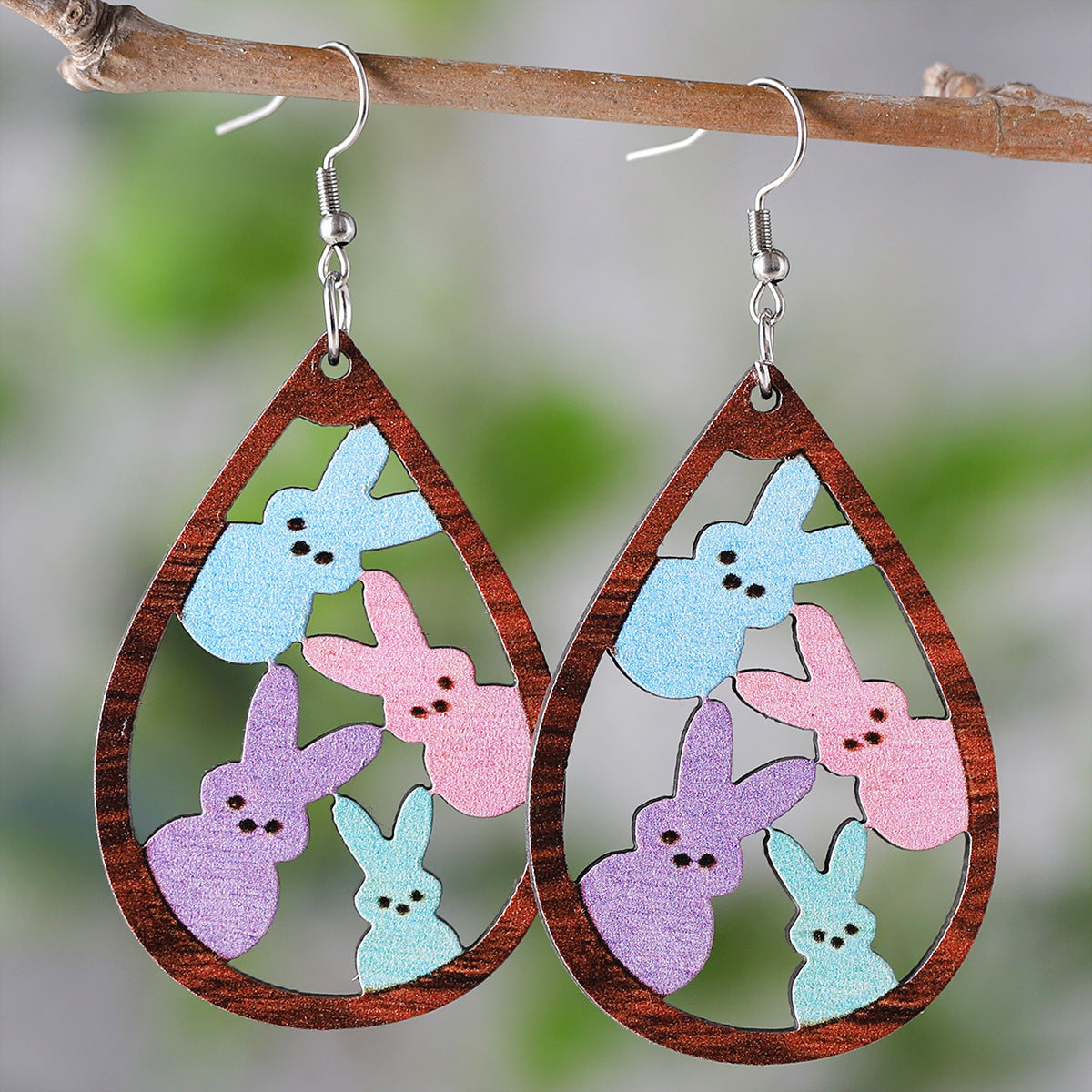 Wholesale Easter Water Drop Hollow Rabbit Double sided Wooden Earrings