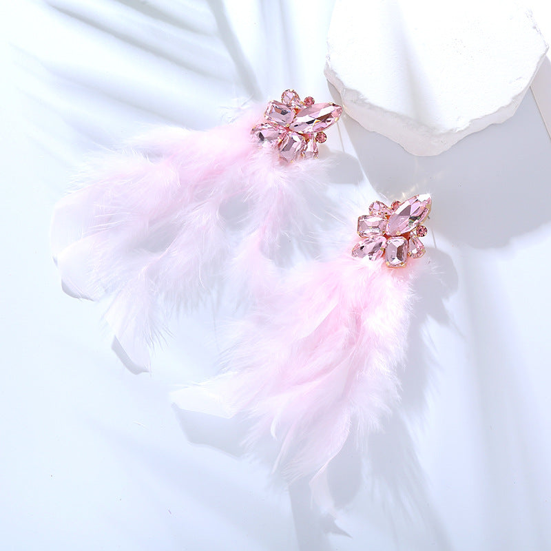 Wholesale Alloy Diamond Feather Flower Long Temperament Tassel Earrings
