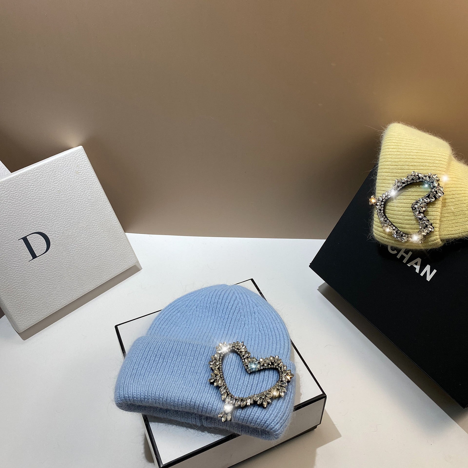 Wholesale Heavy Industry Hand Sewn Rhinestone Heart Rabbit Fur Earmuffs Knitted Hat