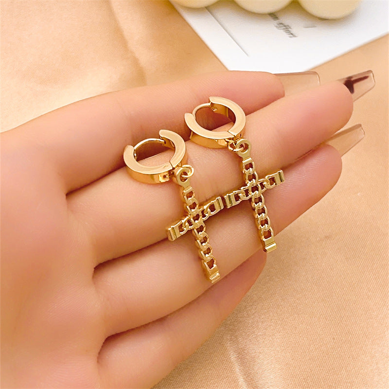 Wholesale Hip Hop Titanium Steel Polished Earrings Cross Pendant Hoop Earrings