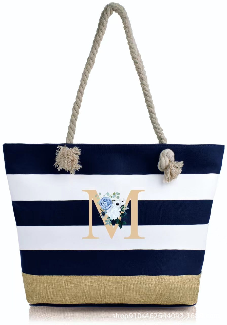 Wholesale Letter Canvas Striped Beach Handbag Zipper Multi-pocket Tote Bag