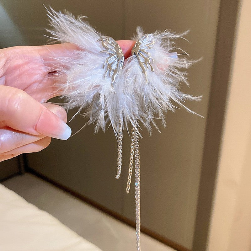 Wholesale Diamond studded bow feather tassel earrings