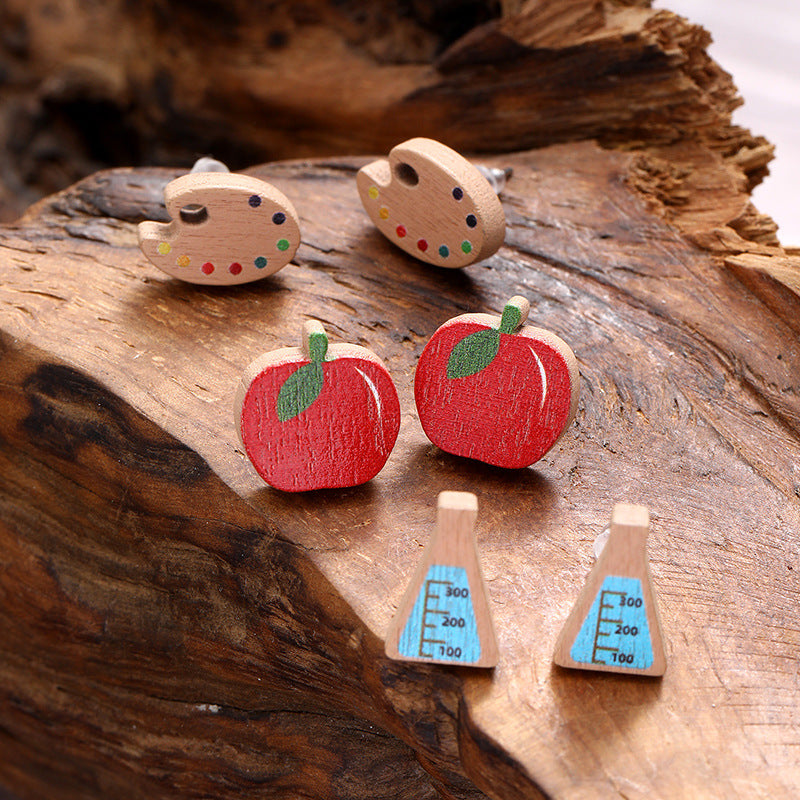 Wholesale Teacher's Day Cute Smiley Apple Drawing Board Wooden Earrings