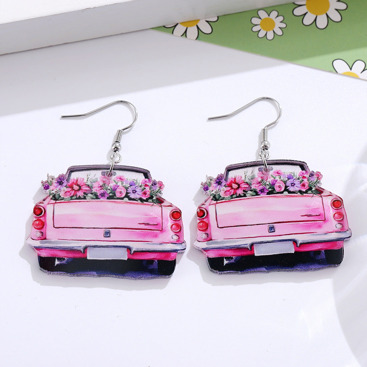 Wholesale Spring and Summer Pink Car Flower Acrylic Pendant Earrings