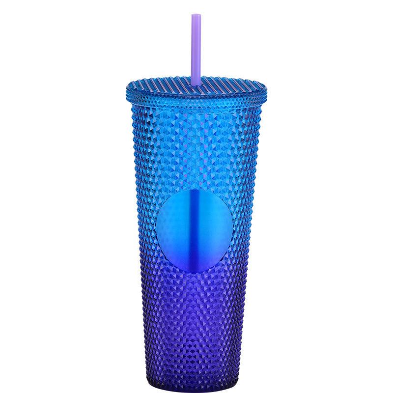 Wholesale Double-layer Plastic 710ml Durian Prick Hand Luminous Color Changing Rainbow Gradient Straw Cup