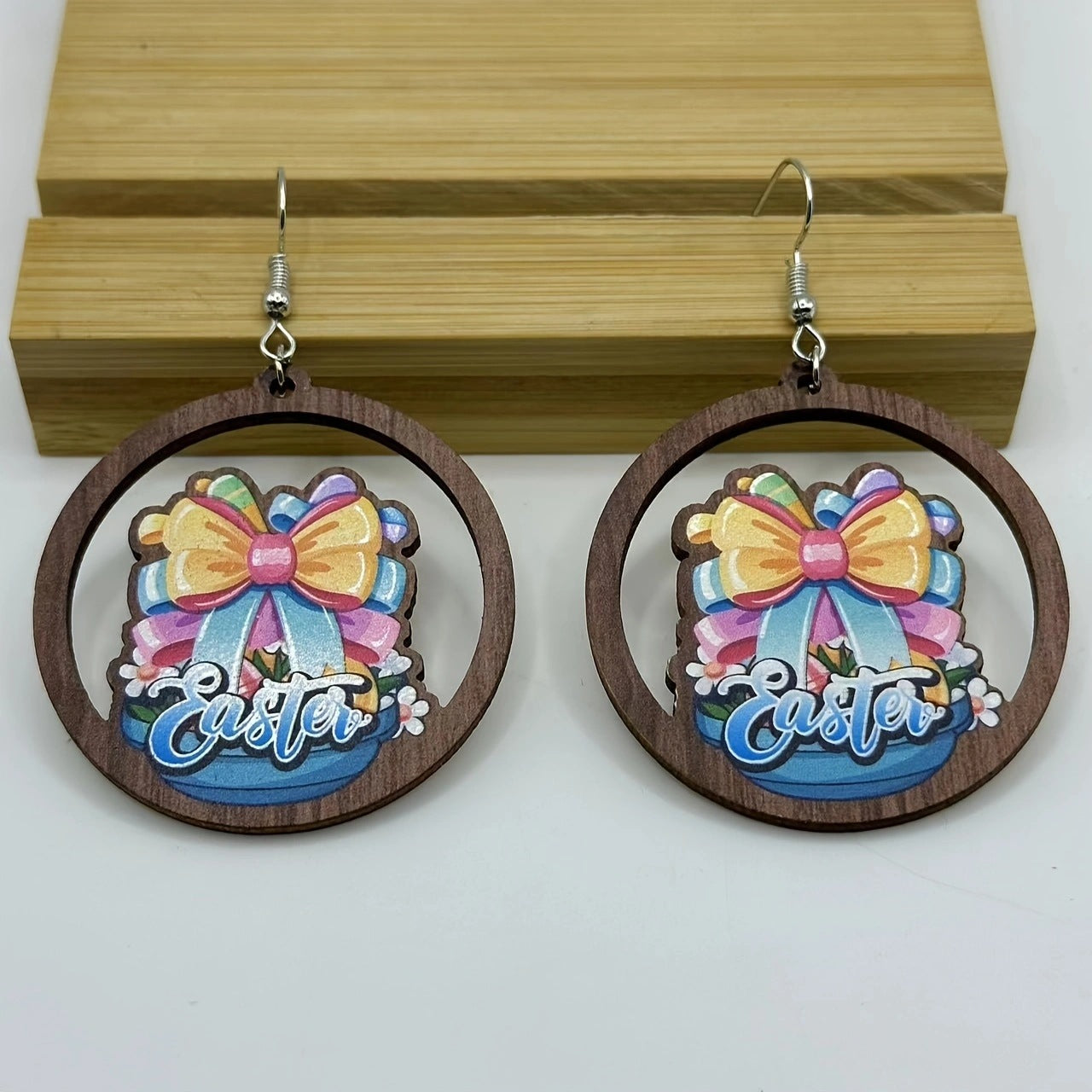 Wholesale Easter Flower Basket Rabbit Printed Easter Egg Earrings