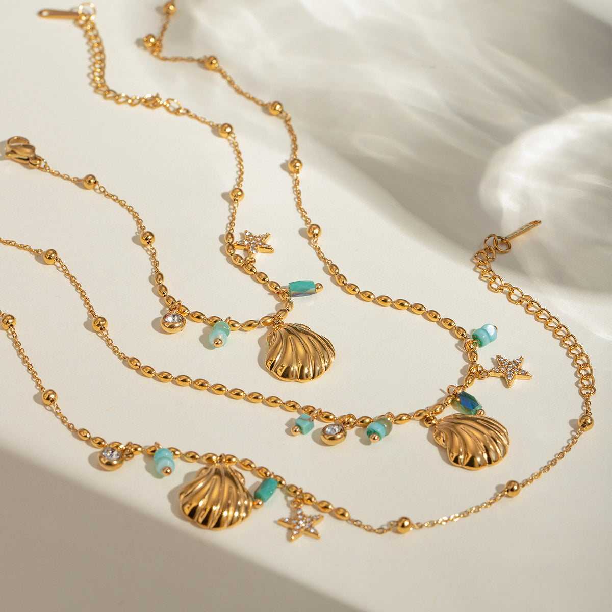 Wholesale Shell Star Inlaid Rhinestone Blue Amazonite 18k Gold Stainless Steel Necklace