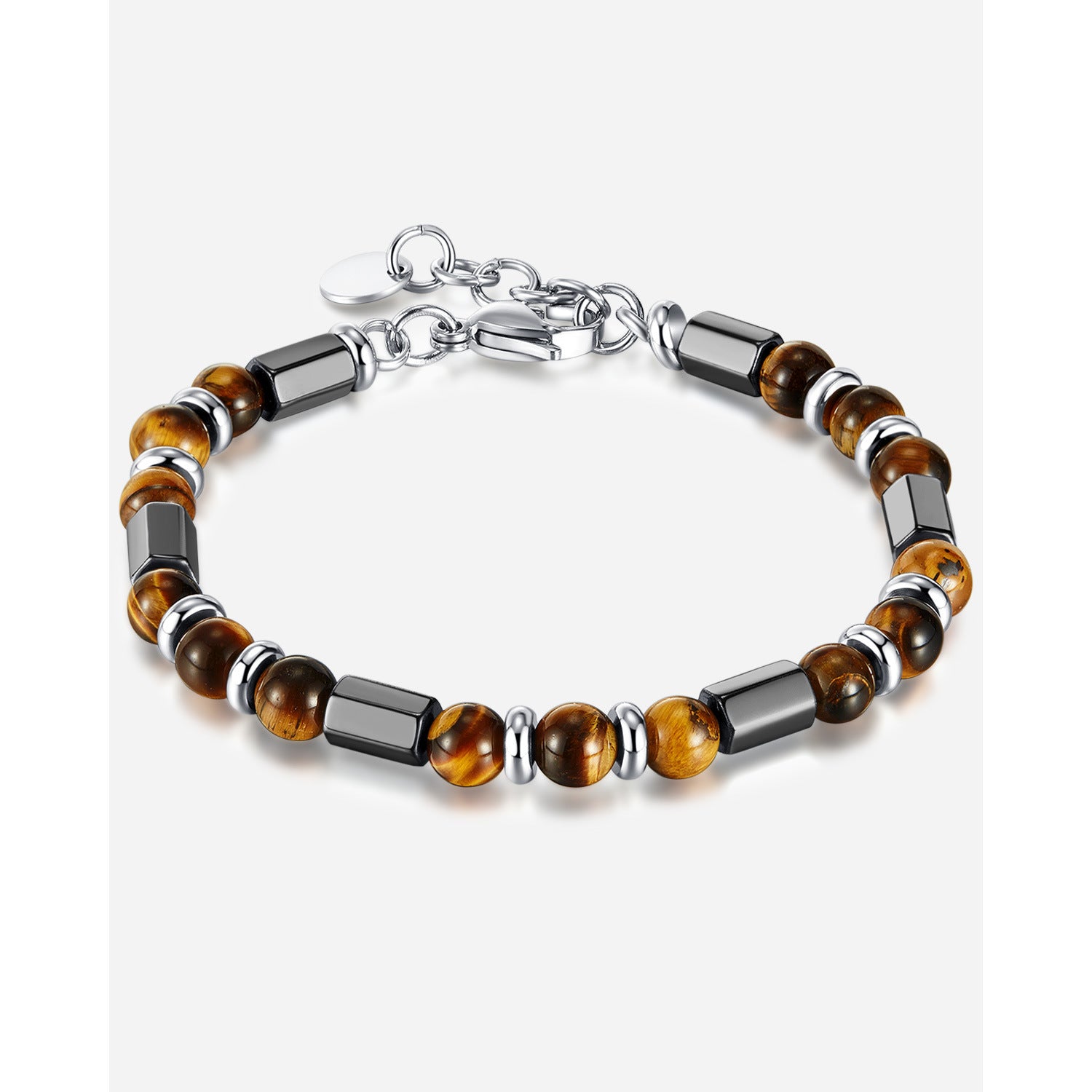 Wholesale Maillard Geometric Tiger Eye Stone Stainless Steel Beaded Chain Men's Bracelet